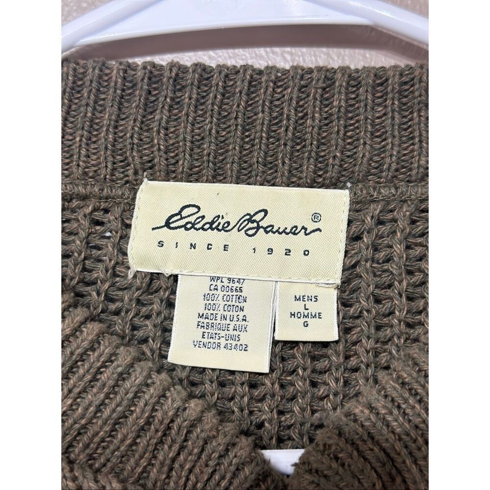 Vintage Eddie Bauer Army Green Cotton Knit Quarter Button Pullover Sweatshirt L - Picture 5 of 10